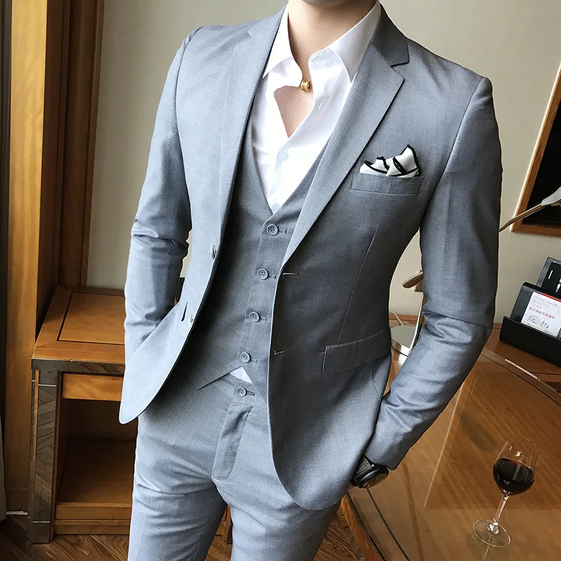 

2019 Autumn And Winter Korean-style Slim Fit Two-Button MEN'S Suit Set Groom Refreshing Suit Three-piece Set Solid Color Best Ma