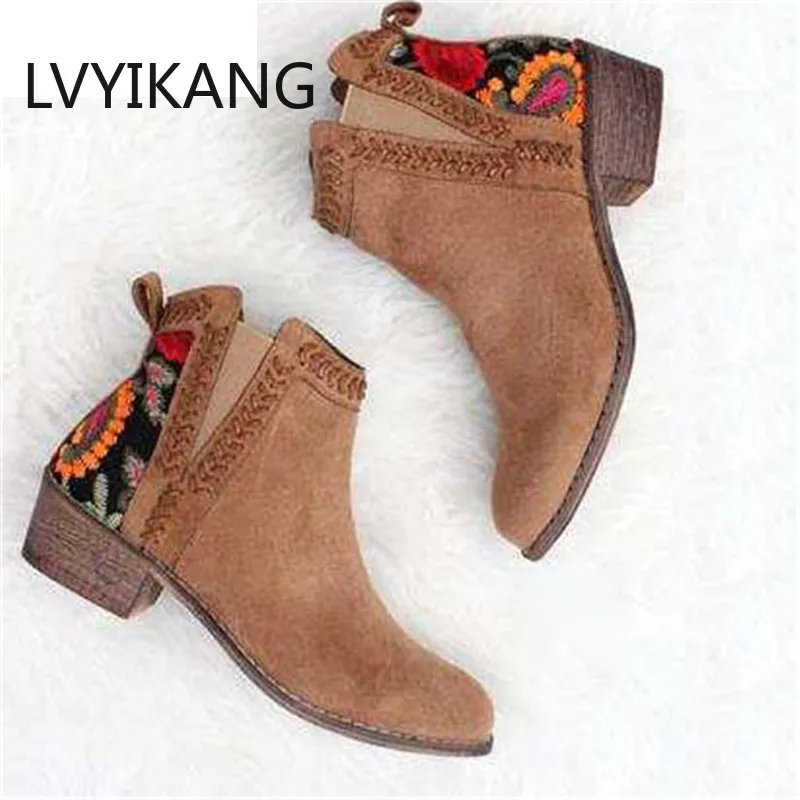 Новый 2019 принт Женские ботильоны сезон осень-зима Женская обувь без застежки