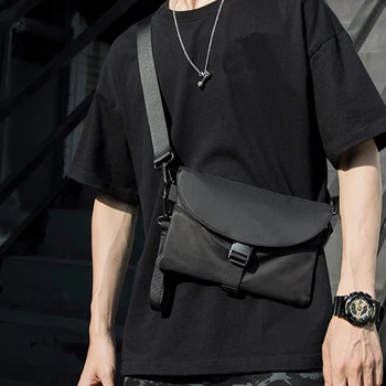 

FGGS-Men's Messenger Bag Casual Function Zipper Bag Tide Cool Waterproof Solid Color Chest Bag Leisure Couple Shoulder Messenger