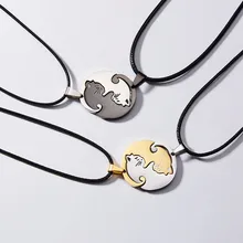 

2 Pcs/Set Silver Color Stainless Steel Jewelry Necklace For Couple Women Cat Dog Heart Pendant Chain Choker Valentine's Day Gift