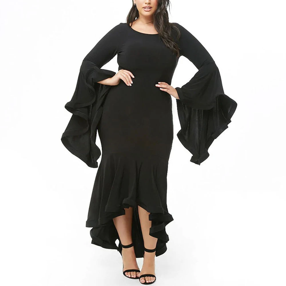 

Woman Plus Size Maxi Dress Large Big Size Fashion O-neck Flare Sleeve Evening Gown Retro Elegant Chic Asymmetric Veatido