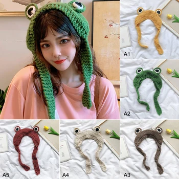 

Autumn Winter Fashion Personality Wool Earmuffs Child Adult Frog Knit Hat Cute Lace Earmuffs Cap Costume Bonnet