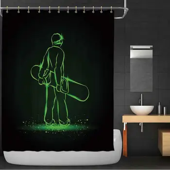 

Green neon Snowboarder Standing with The Board Shower Curtain,Rear View for Bathroom,36''W x 72''H