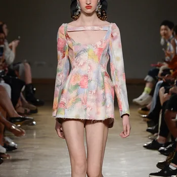 

European and American Runway Style 2020 Summer New Printing Retro Square Collar Design Sense Waist A-line Dress Fashion Clothes