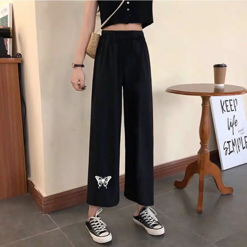 Spring Autumn New Printed Wide Leg Pants Women Korean High Waist Straight Casual Pants Female Students Cropped Black Pants