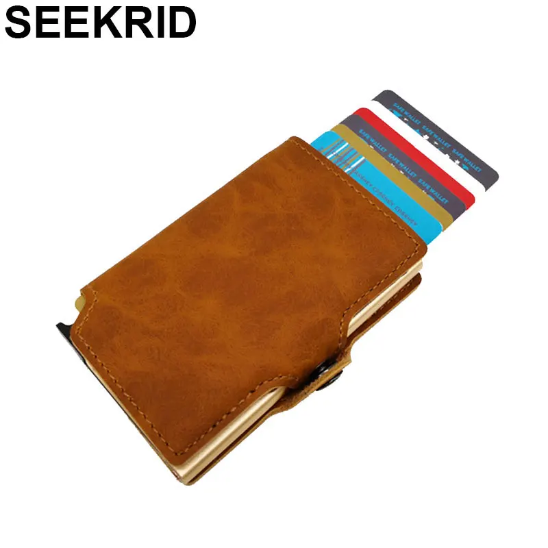 

RFID Blocking Vintage Automatic Leather Credit Card Holder Men's Metal Aluminum Alloy Business ID Cardholder Slim Wallet Purse