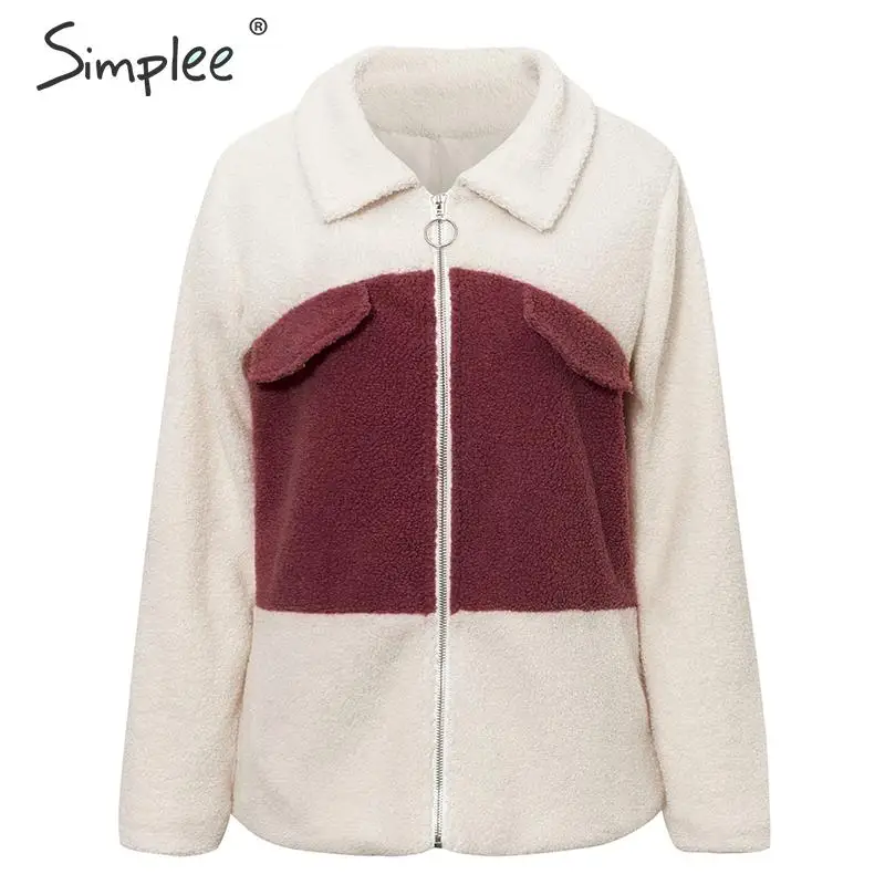 Simplee Casual lamb fur jacket women Patchwork zipper pockets female warm coat Autumn winter office ladies jackets overcoat - Цвет: Бургундия