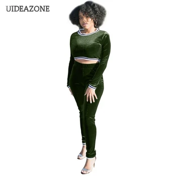 

UIDEAZONE Women Two Piece Set O Neck Long Sleeve Crop Top Full Length Pants Sets Woman Suits 2019 Autumn Winter