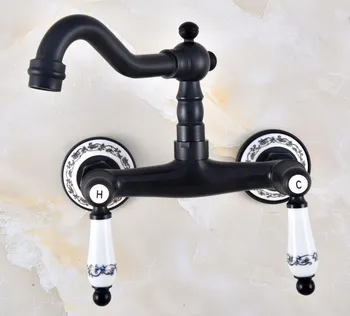 

Black Oil Rubbed Bronze Bathroom Kitchen Sink Basin Faucet Mixer Tap Swivel Spout Wall Mounted Dual Ceramic Handle tnf829