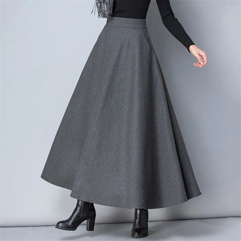 Winter Vrouwen Lange Wollen Rok Mode Hoge Taille Basic Wol Rokken Vrouwelijke Casual Dikke Warme Elastische A-lijn Maxi Rokken O839