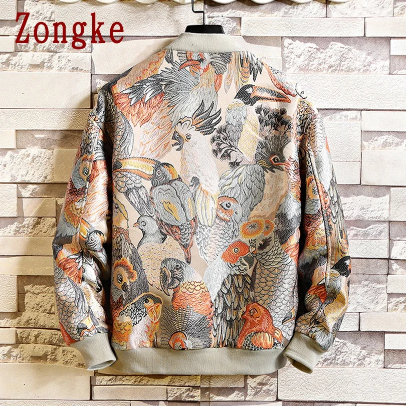 Zongke куртка с вышивкой попугая, мужская уличная куртка-бомбер, Мужская хип-хоп зимняя куртка, Мужская куртка, пальто, 5XL, осень, новинка