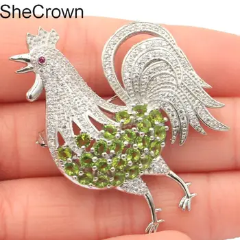 

36x47mm New Arrival Rooster Shape Green Peridot Tourmaline CZ SheCrown Gift Silver Brooch