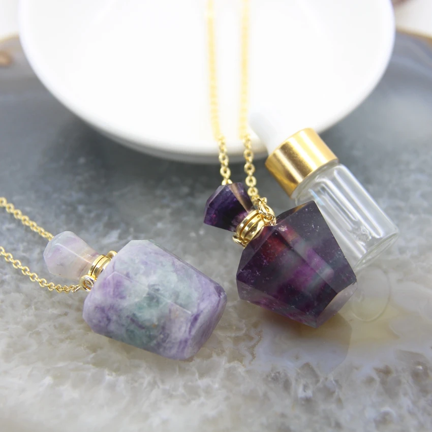 Classic Rainbow Fluorite Perfume Bottle Pendant Necklace,Personalized Faceted Natural Fluorite Essential Oil Diffuser Charms
