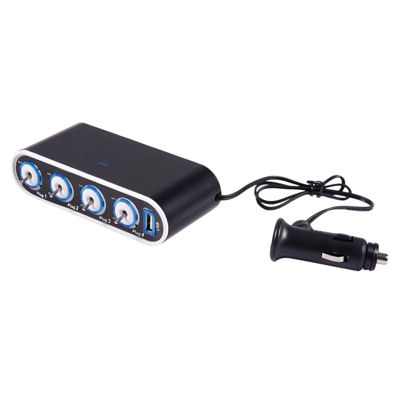 4 Way розетка для автомобильного прикуривателя Разветвитель+ USB+ светодиодный светильник управления, черный