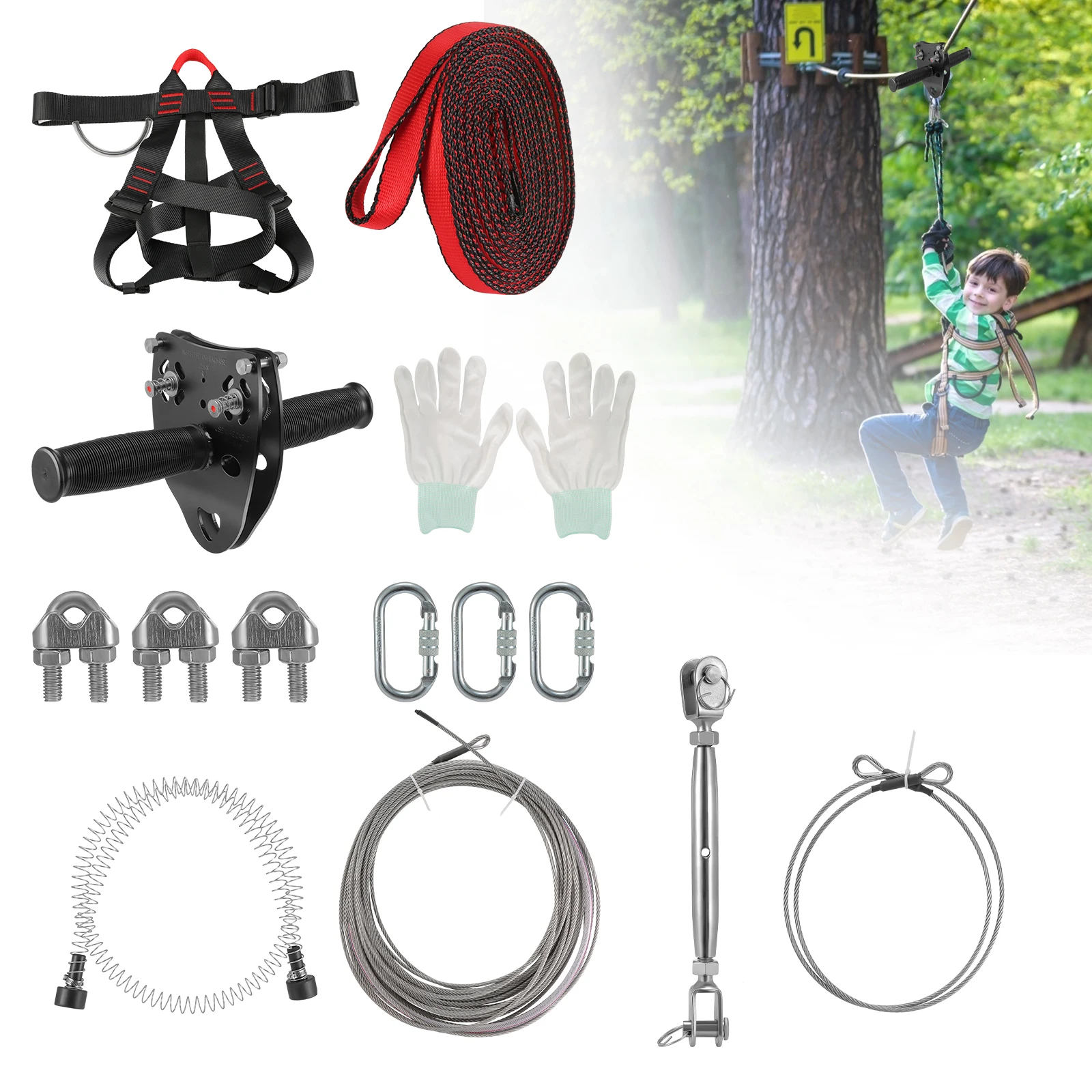 115FT Ziplines Kit Half Body Safety Belt With Spring Brake Adjustable Harness Open And Close Pulley Steel Cable For Garden | Инструменты