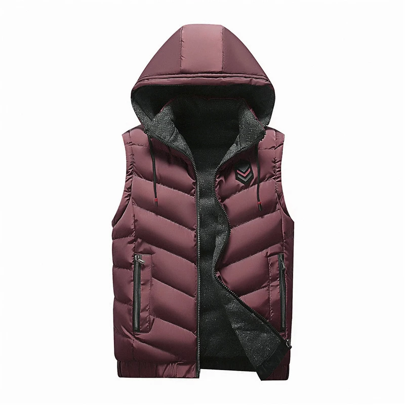 New Men's Vest Sleeveless Jacket Autumn Winter Warm Casual Hooded Slim Coat Male Double Side Wear Waistcoat Size 4XL - Цвет: Бургундия