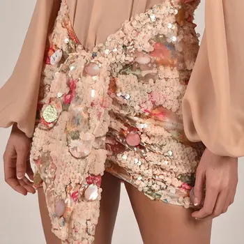 

Elegant Floral Sequined Skirts Women Chic Asymmetrical Front Drop Draped Mini Wrap Skirt Sexy Club Party Outfits Skirt faldas