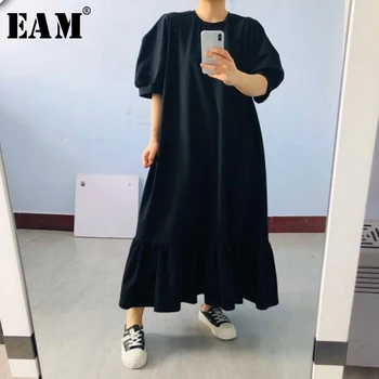 

[EAM] Women Black Ruffles Split Joitn Big Size Long Dress New Round Neck Half Sleeve Loose Fit Fashion Spring Summer 2020 1U752