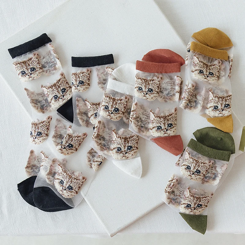 

Newest Crystal Silk Tide Socks Gril Women Harajuku Transparent Funny Animal Cat Funny Happy Women Socks Casual High Quality Sox