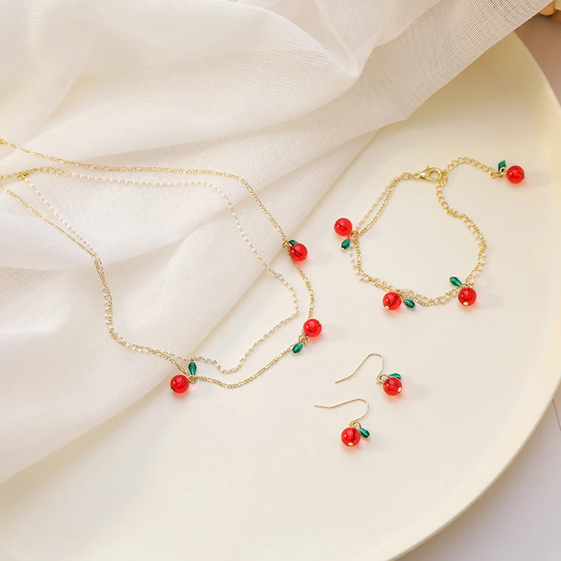 Cute Double layer cherry jewelry set For Women 2020 New Arrival Fashion Crystal bead Necklace Earring Bracelet Sets Accessories | Украшения