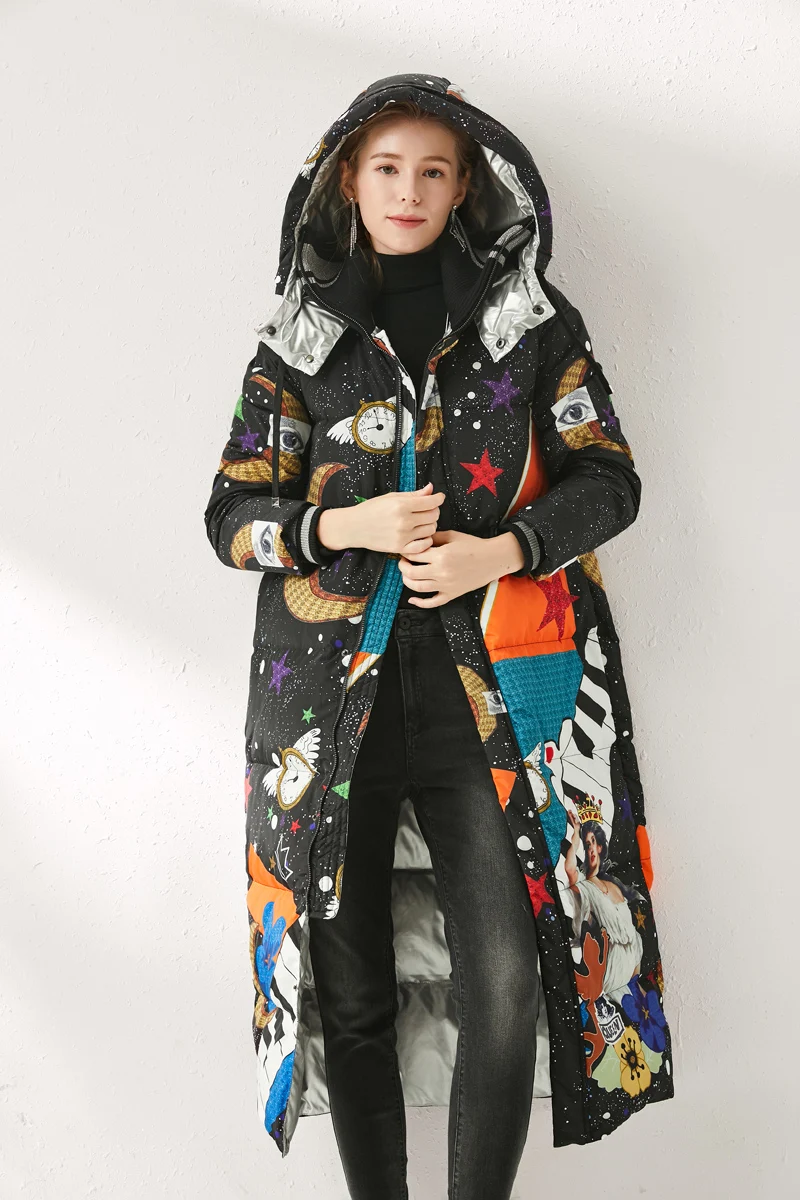 MoaaYina, высокое качество, Женское зимнее подиумное пальто, с капюшоном, с воротником, с мультипликационным принтом, элегантное, белое, утиный пух, длинный пуховик, верхняя одежда