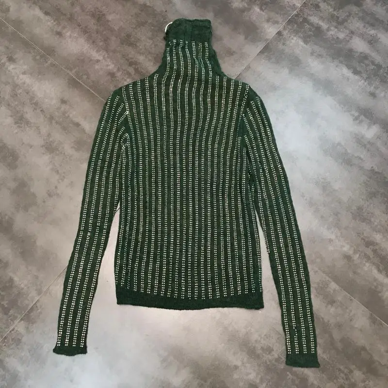Новинка, осенне-зимний пуловер с воротником-хомутом, в Вертикальную Полоску, стразы, стрейч, свитер, нижняя рубашка, одноцветные вязаные свитера