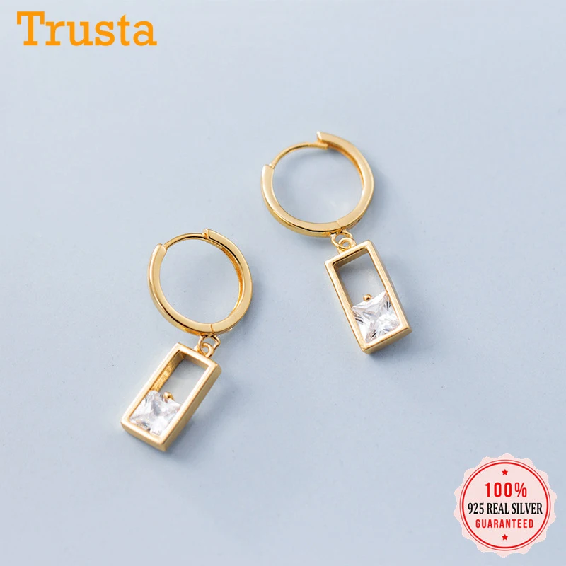 Trusta 925 твердого стерлингового серебра геометрический прямоугольник CZ серьги со шпилькой для девочек подарок для подростков женские Модные украшения DA95