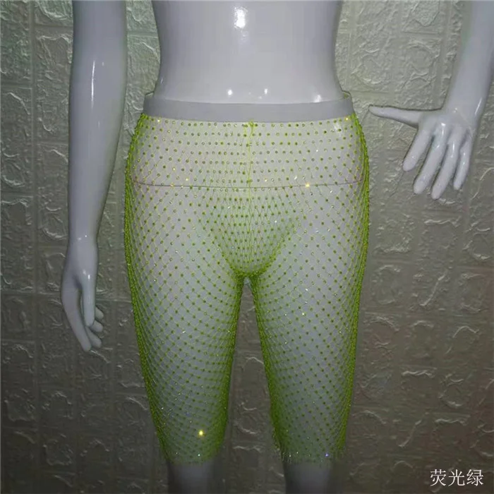 Блестящие прозрачные стразы, сетчатые шорты с эластичной резинкой на талии, прозрачные сексуальные женские летние пляжные шорты, ночной клуб Короткое женское платье - Цвет: Neon Green
