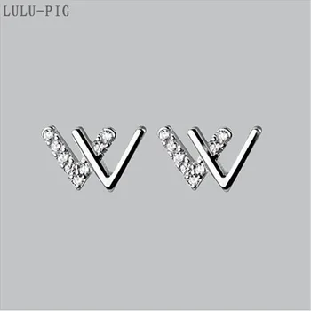 

LULU-PIG Hot selling new 925 silver simple and compact micro set earrings in Japan and Korea double V earrings KED-3317