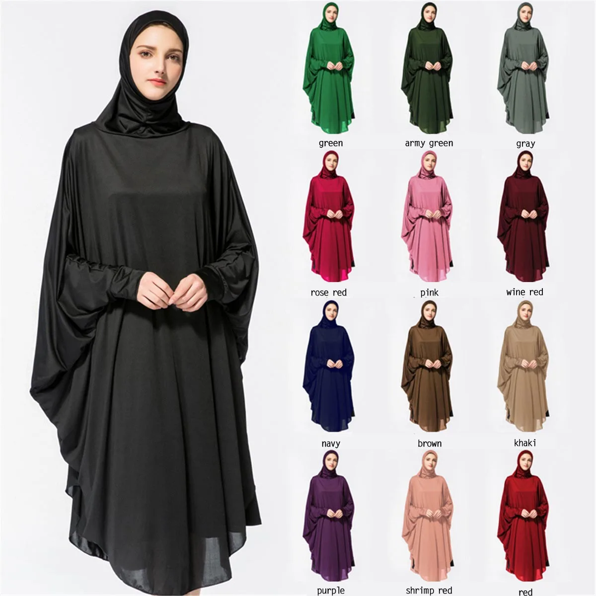 

Women Muslim Worship Thobe Hijab Dress Prayer Bat Sleeve Robe Jilbab Islamic Clothing Abaya Praying Turkish Headscarf Ramadan