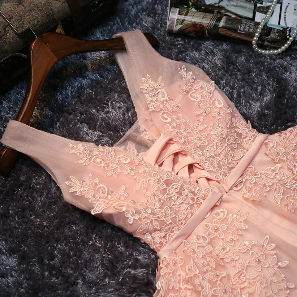 Vestidos de Baile Vestido de Baile Curto com Decote em v Rendas até Vestidos de Festa de Formatura Elegante Pérola Rosa Sexy Apliques Miçangas 6 Casamentos e Eventos