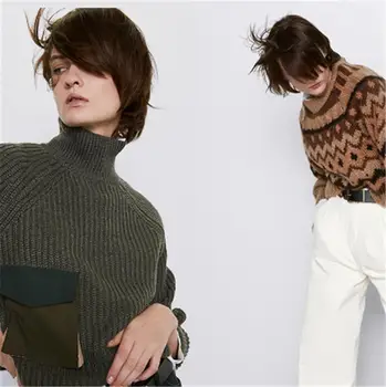 

2019 ZA Women's Sweater Fashion New Winter Wool Jacquard Sweater Bohemian Slim Wool Blend Fabric Sweater Party Gift