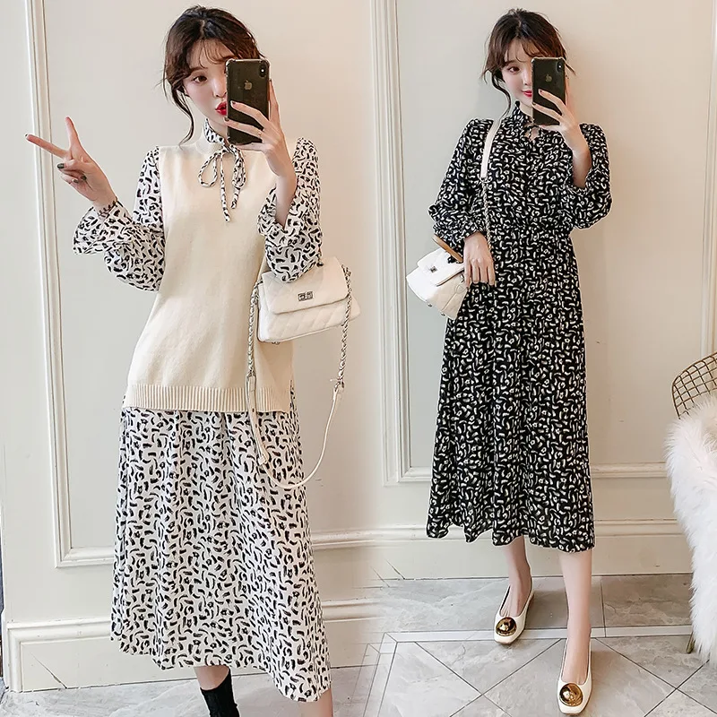 

2019 Spring New Style Fat Mm Large Size Dress Show Skinny Floral-Print Chiffon Maxi Dress + Lace-up Sweater Vest Suit