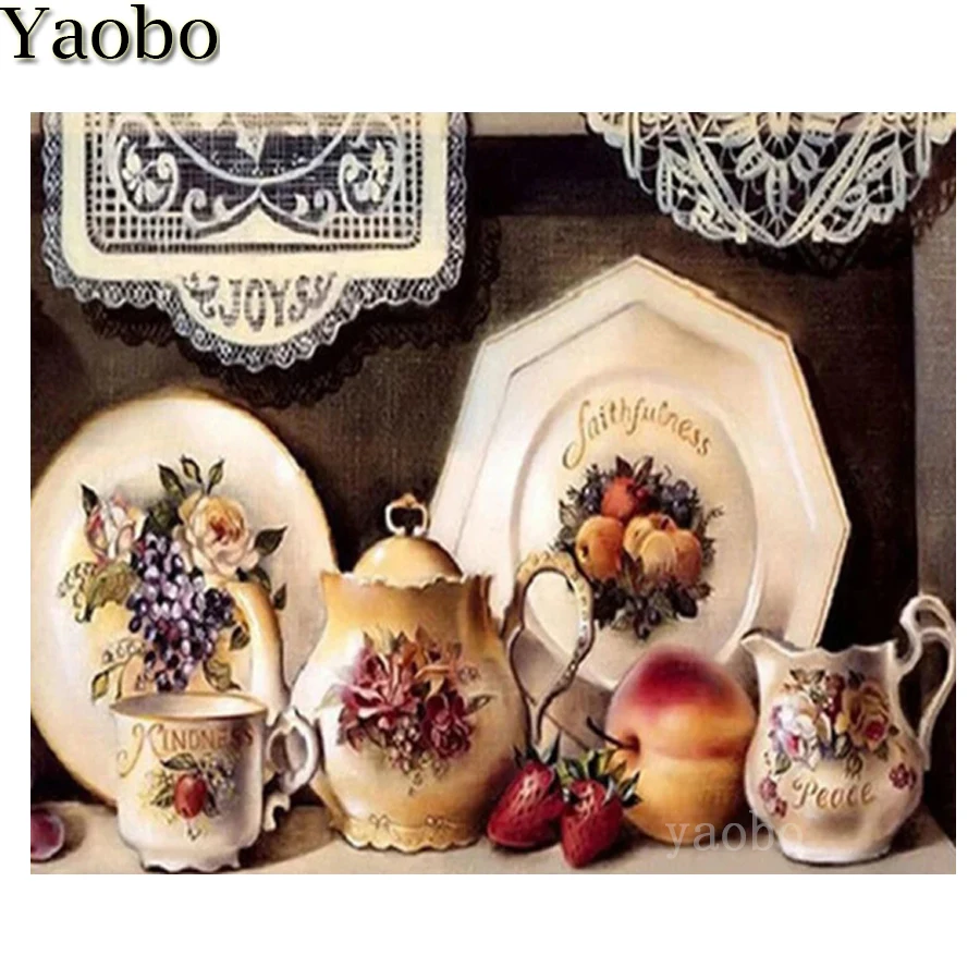 5D алмазная живопись кухонные тарелки чай натюрморт фрукты картина Стразы сделай