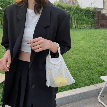 

Mesh Daisy Embroidered Daisy Women's Handbag 2020 Pearl Female Handbag Brand Evening Clutch Purse Lady Handbags Totes Bag New