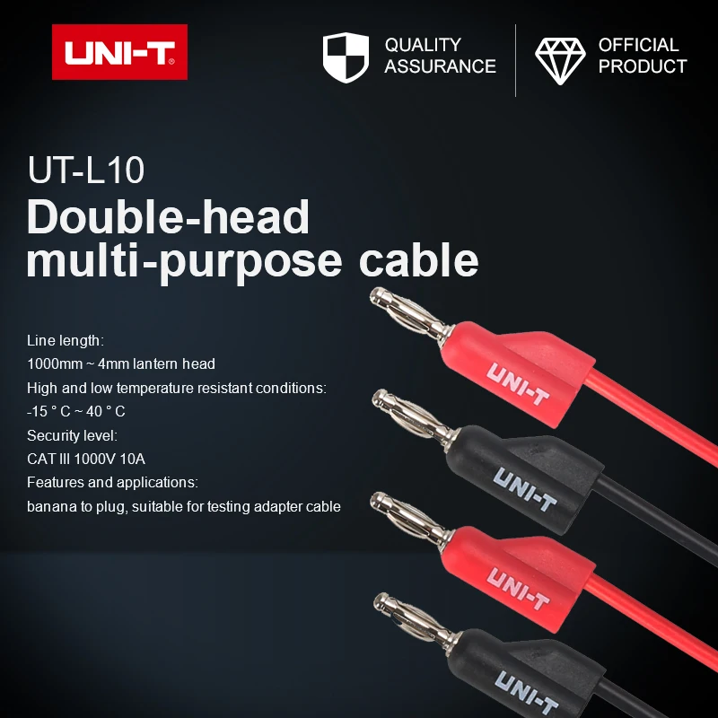 

UT-L10 Dual head multifunctional connectors Length 1000mm used for testing adapter cables Safety level: CAT III 1000V 10A