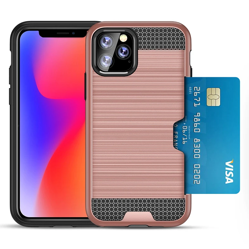 

100pcs Armor Credit Card Slot Defender PC+TPU Case For iPhone 11 Pro Max XS XR X 8 7 6 6S Plus Brushed Shockproof Hard Cover