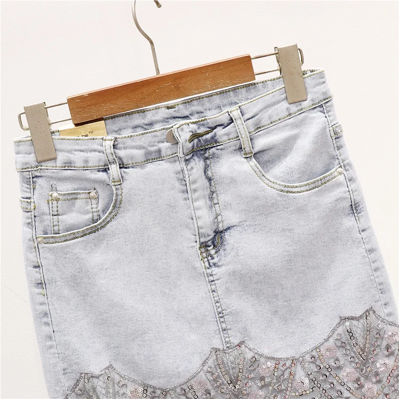 2020 Summer Korean Fashion Sequins Tassel Denim Skirt Women Vintage Washed Blue Slim Short Sexy High Waist Jeans Skirts Female