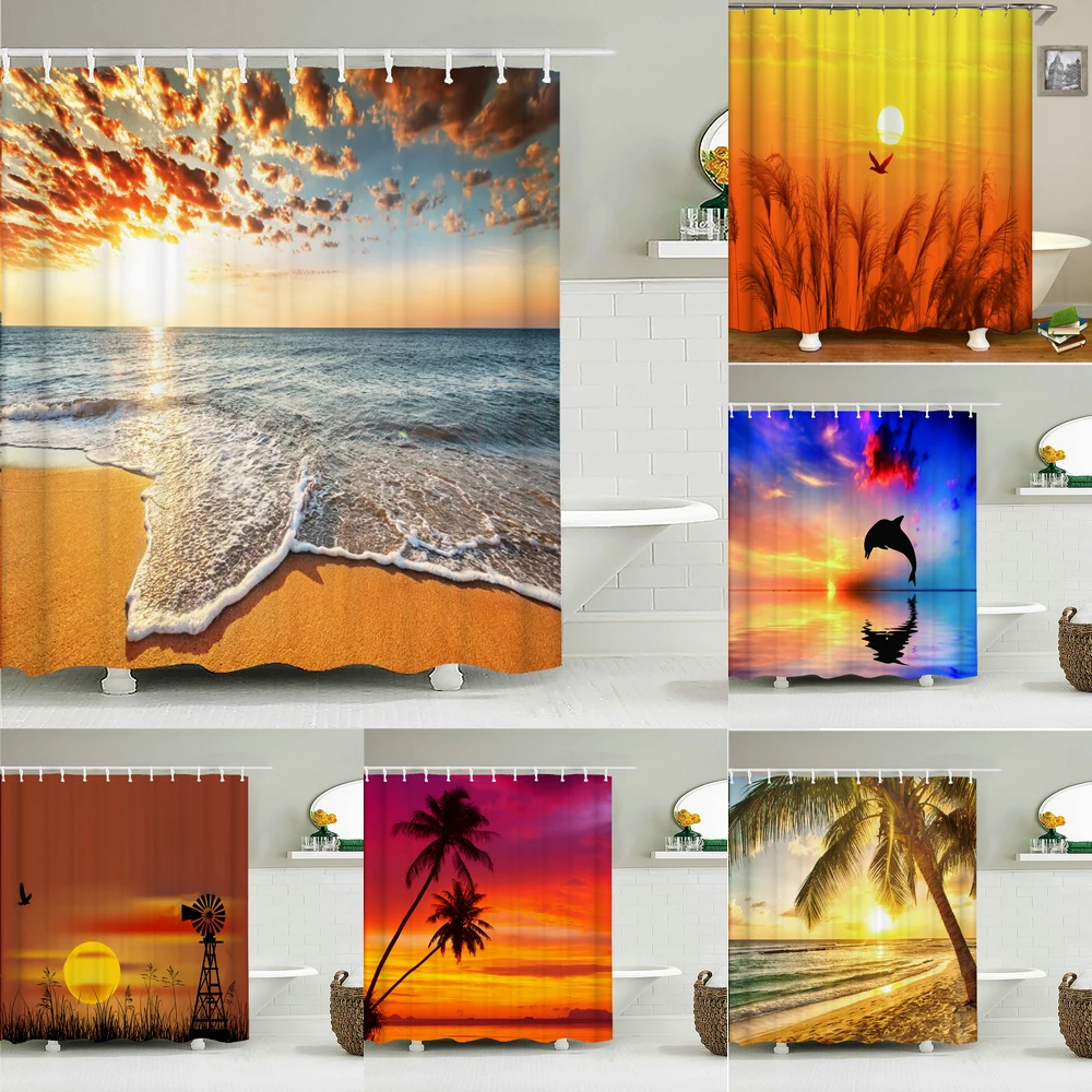 

Sunlight Ocean Beach Fabric Shower Curtain Bathroom Curtains Sunset Dusk Sea Animal Dolphin Bath Screen with 12 Hooks 300x180