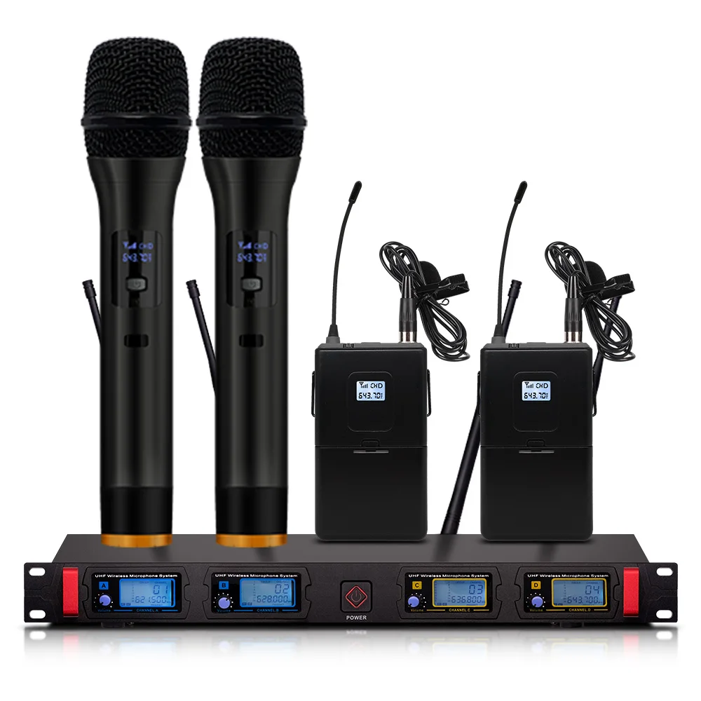 

4-channel wireless microphone system UHF karaoke system wireless 2 handheld 2 lava clip wireless microphone
