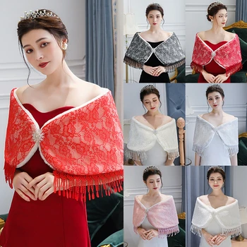 

Lace Faux Fur Wrap Warm Large Shawl Winter Wedding Cover Up Stole Bridal Accessories Fashion Women Handmade Fur Shrug Jacket