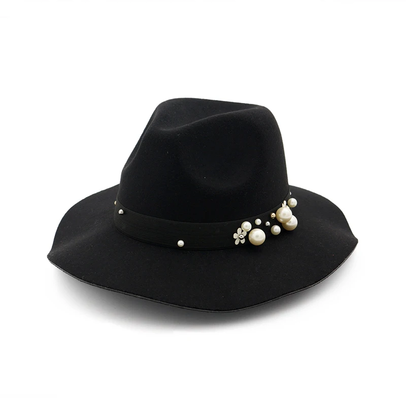 

H7556 Women Woolen Fedoras Hat Female British Retro Wooden Ear Elegant Cap Autumn Winter Lady Pearl Fashion Church Banquet Caps