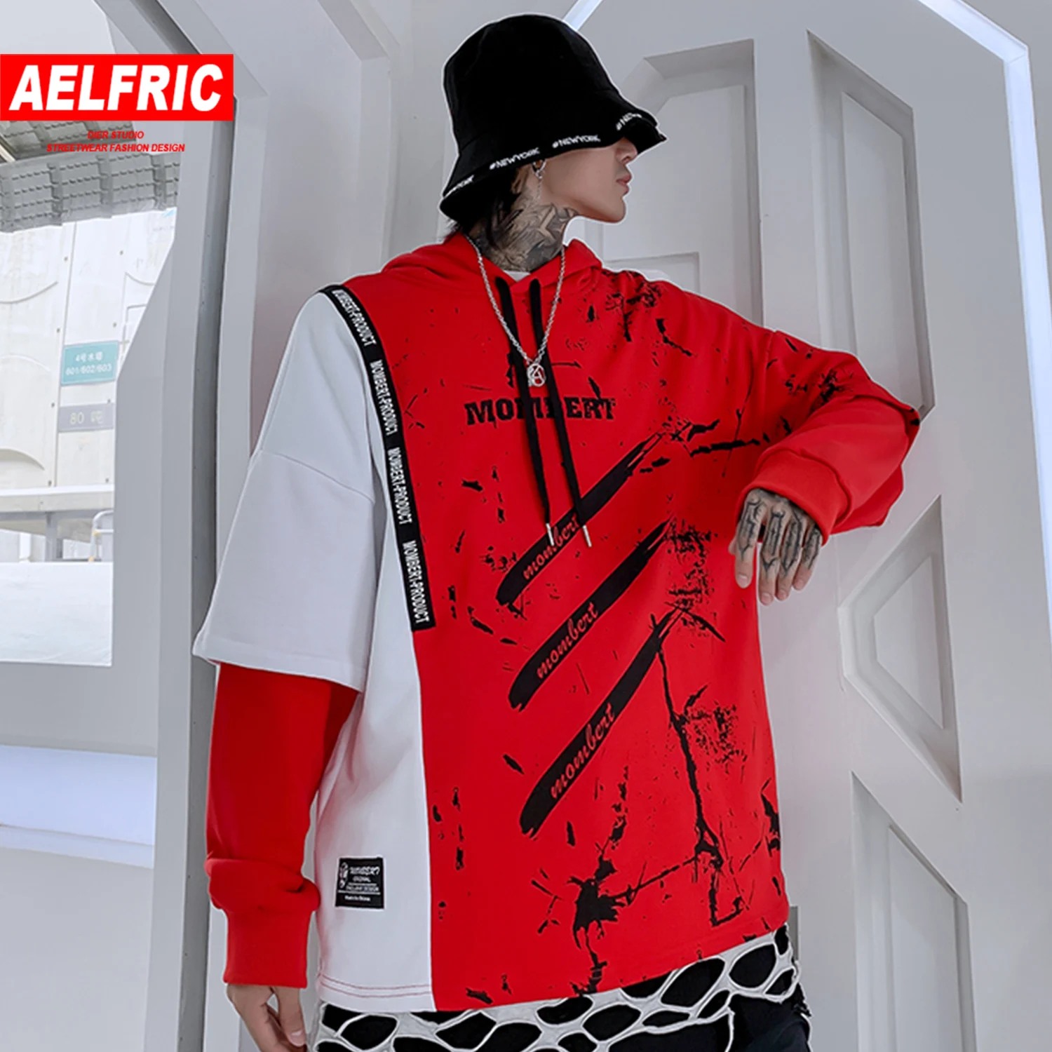 

AELFRIC Color Clock Patchwork Printed Mens Hoodies Harajuku Hip Hop Pullover Fashion Casual Cotton Hooded Sweatshirts Streetwear