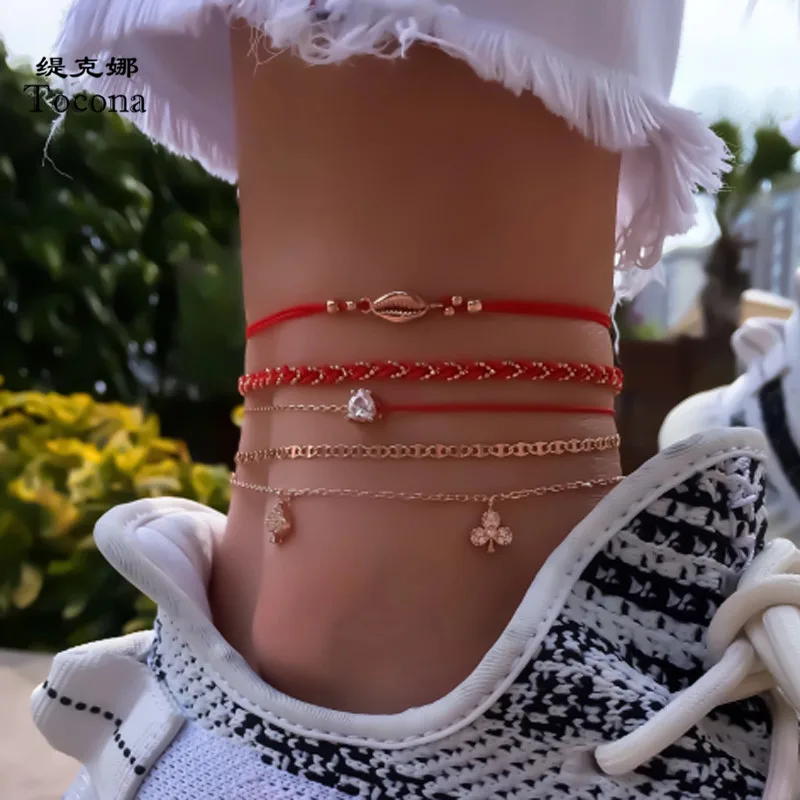 Tocona Boho 5pcs/sets Anklet for Women Shell Gold Color Foot Chain Clear Crystal Stone Red Rope Barefoot Beach Jewelry 8822 | Украшения и