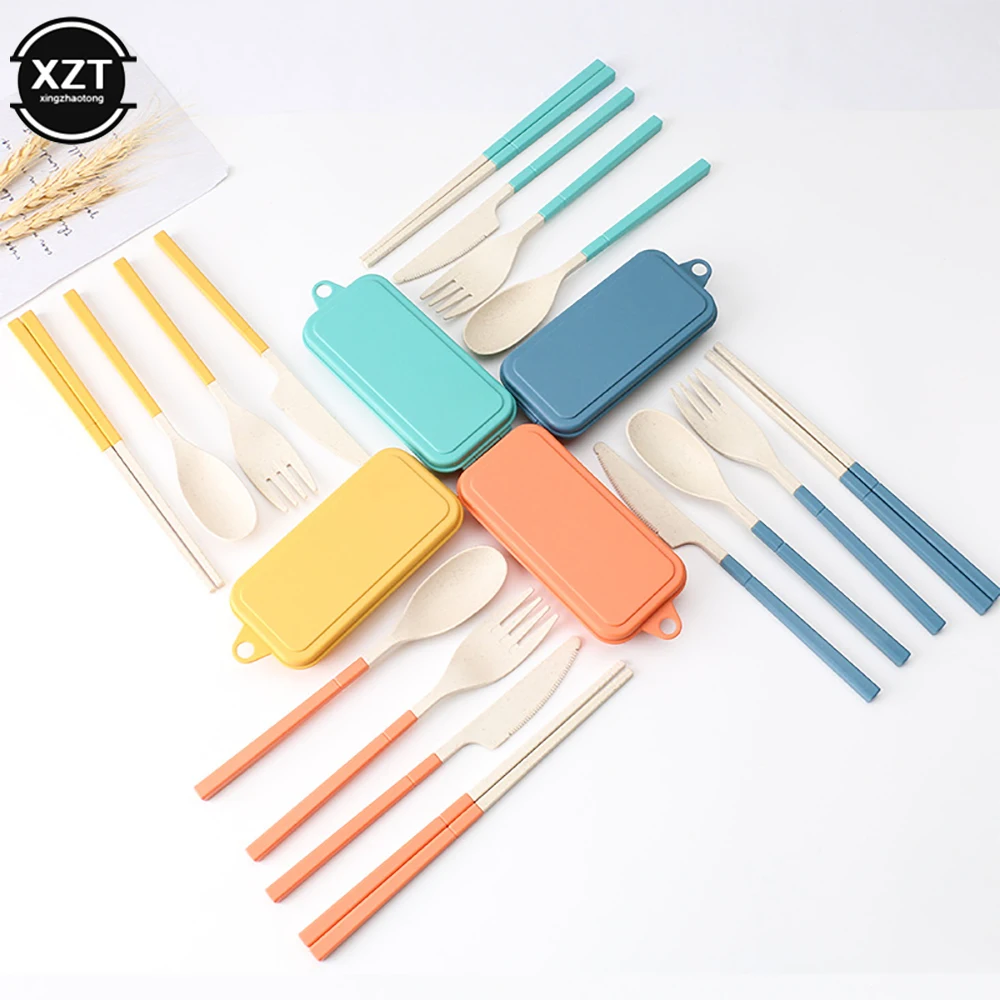 Foldable Wheat Straw Spoon Fork Knife Chopsticks Cutlery Set With Box Removable For Outdoor Travel Picnic