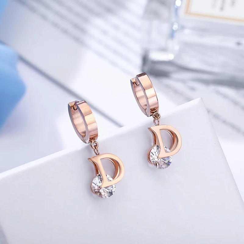 Vintage Luxury Letter D Crystal Earrings For Women Stainless Steel Gold Small Delicate Stud Earrings Brand Fashion Jewelry Gift