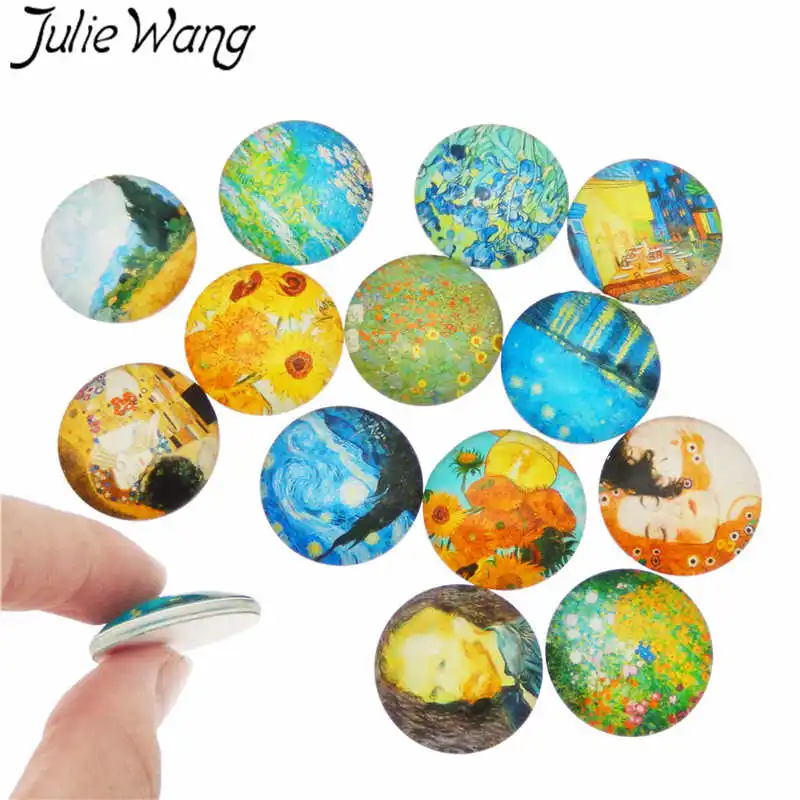 

Julie Wang 8-30mm Glass Van Gogh Oil Painting Cabochons Round Photo Random Mixed Demo Fat Back Jewelry Making Accessory findings