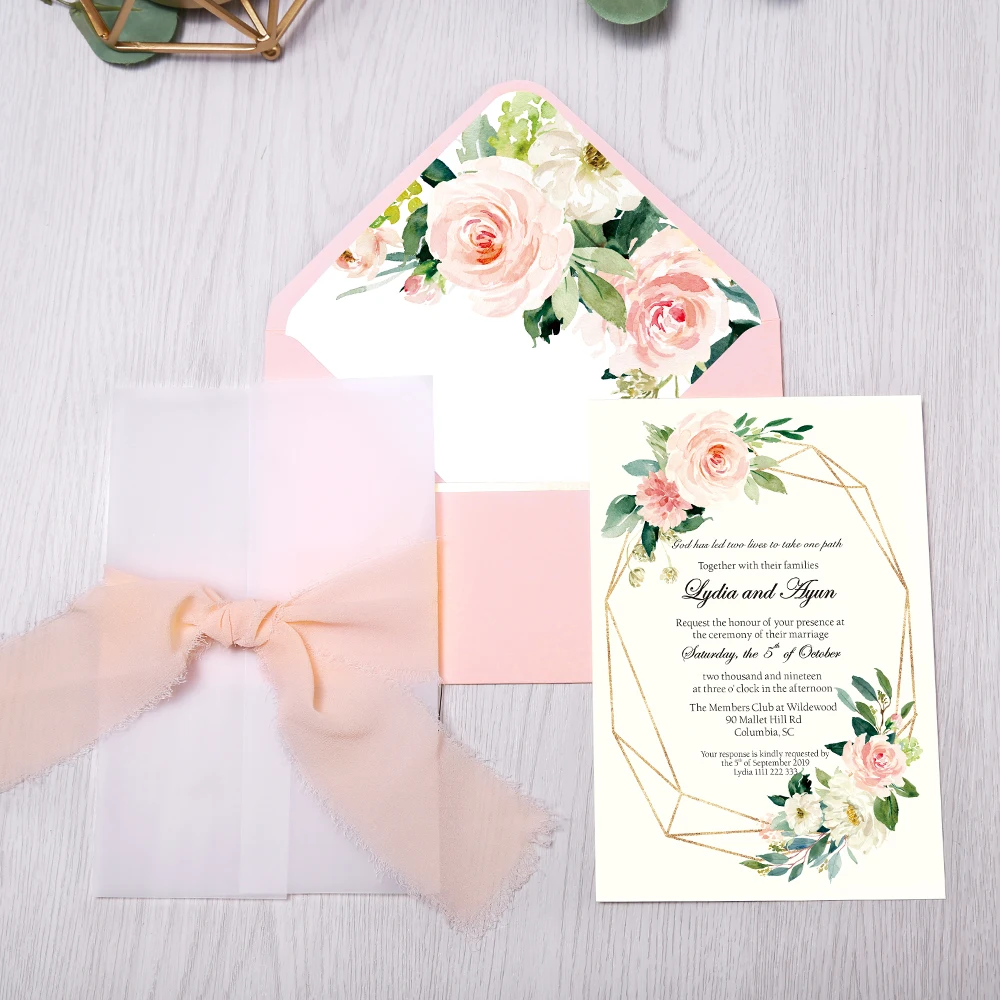 50 шт Пригласительные открытки для невесты, пригласительные открытки для детского душа, пригласительные открытки на день рождения, ужин, розовый карман с цветком - Цвет: Pink Flower
