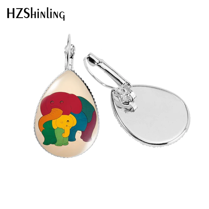 3 New Rainbow Elephant Tear Drop Ear Clip Animal Art Earring Clips Glass Dome Elephants Jewelry - Окраска металла: 3