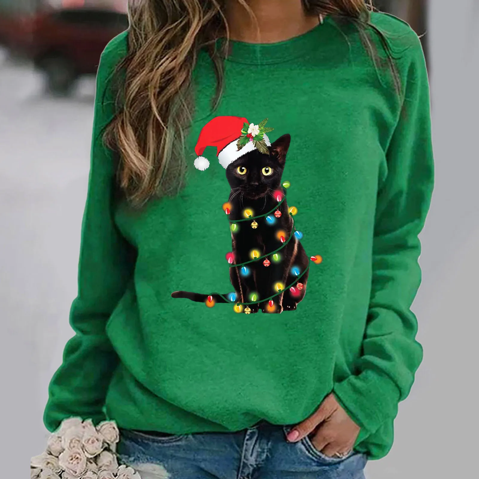 Jerséis con estampado de gato y letras para mujer, jersey de cuello redondo con letras, manga larga, informal, holgado, para invierno, para uso diario, 40 #